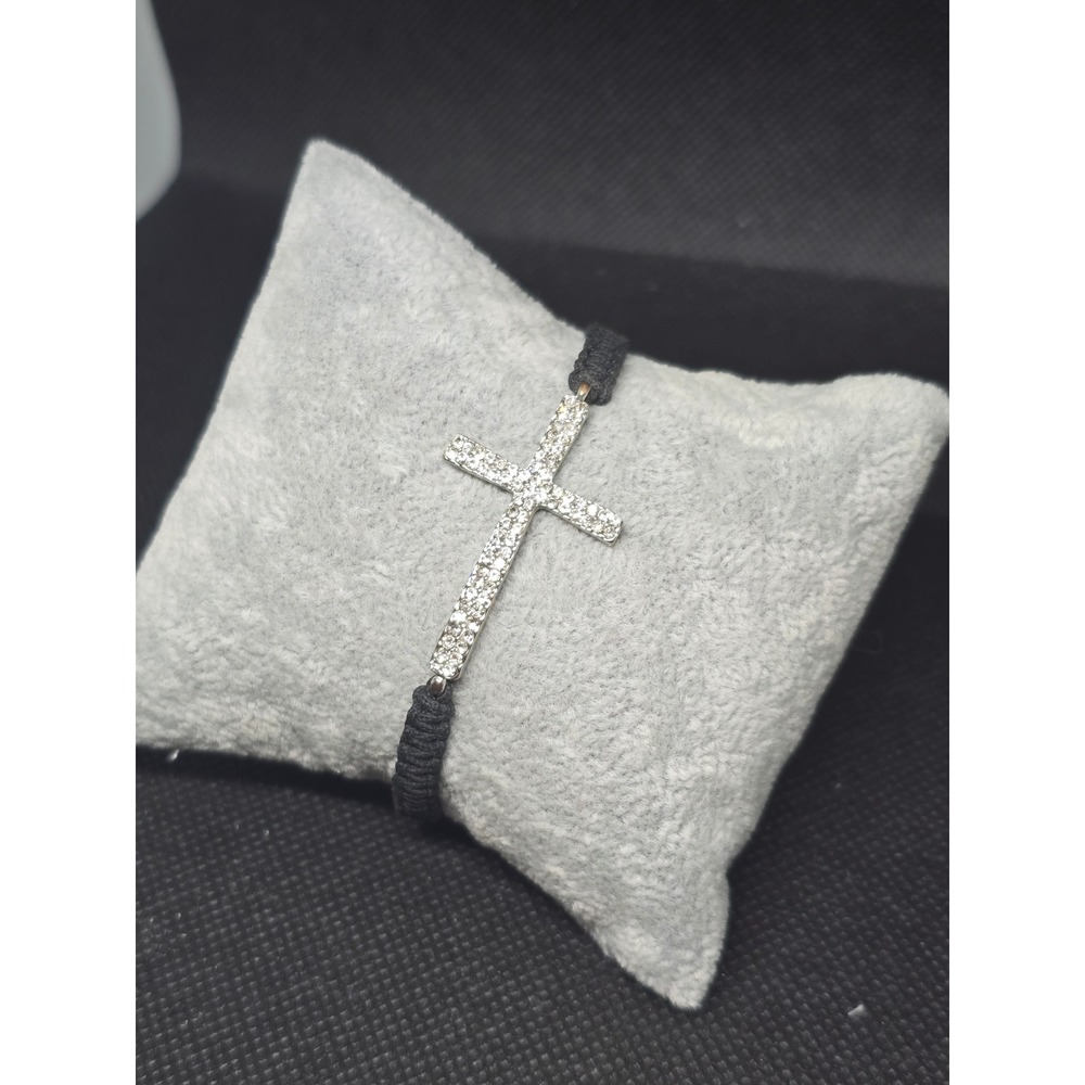 Sideways Cross Pave rhinestones Macrame Cord Adjustable Bracelet Silvertone
